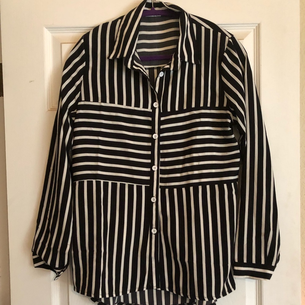 Slim Fit Black and White Stripe Button Down Blouse